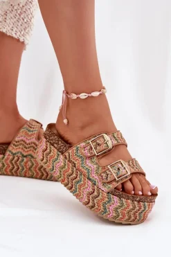 New Boto Klapki Damskie Na Masywnej Platformie Z Plecionką I Klamrami Multikolor Eradriana Wielokolorowy