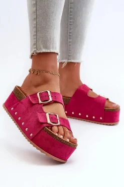 Online Boto Klapki Damskie Na Masywnej Platformie Z Klamrami Fuksja Cremila