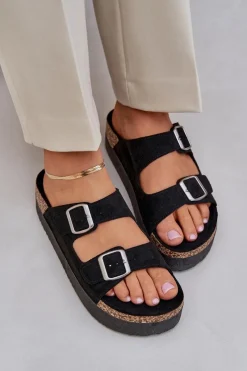 Online Klapki Damskie Na Masywnej Platformie Z Klamrami Czarne Aramia Damskie Klapki Korkowe|Klapki Na Platformie