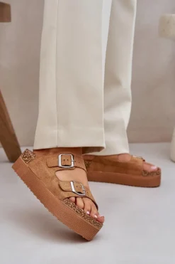 New Boto Klapki Damskie Na Masywnej Platformie Z Klamrami Camel Aramia Brązowy