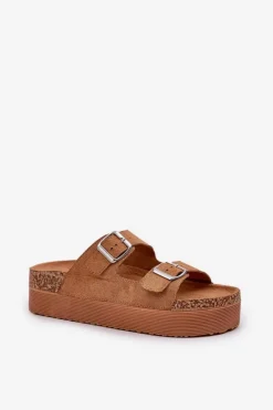 New Boto Klapki Damskie Na Masywnej Platformie Z Klamrami Camel Aramia Brązowy