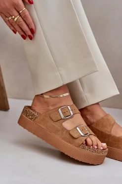 New Boto Klapki Damskie Na Masywnej Platformie Z Klamrami Camel Aramia Brązowy