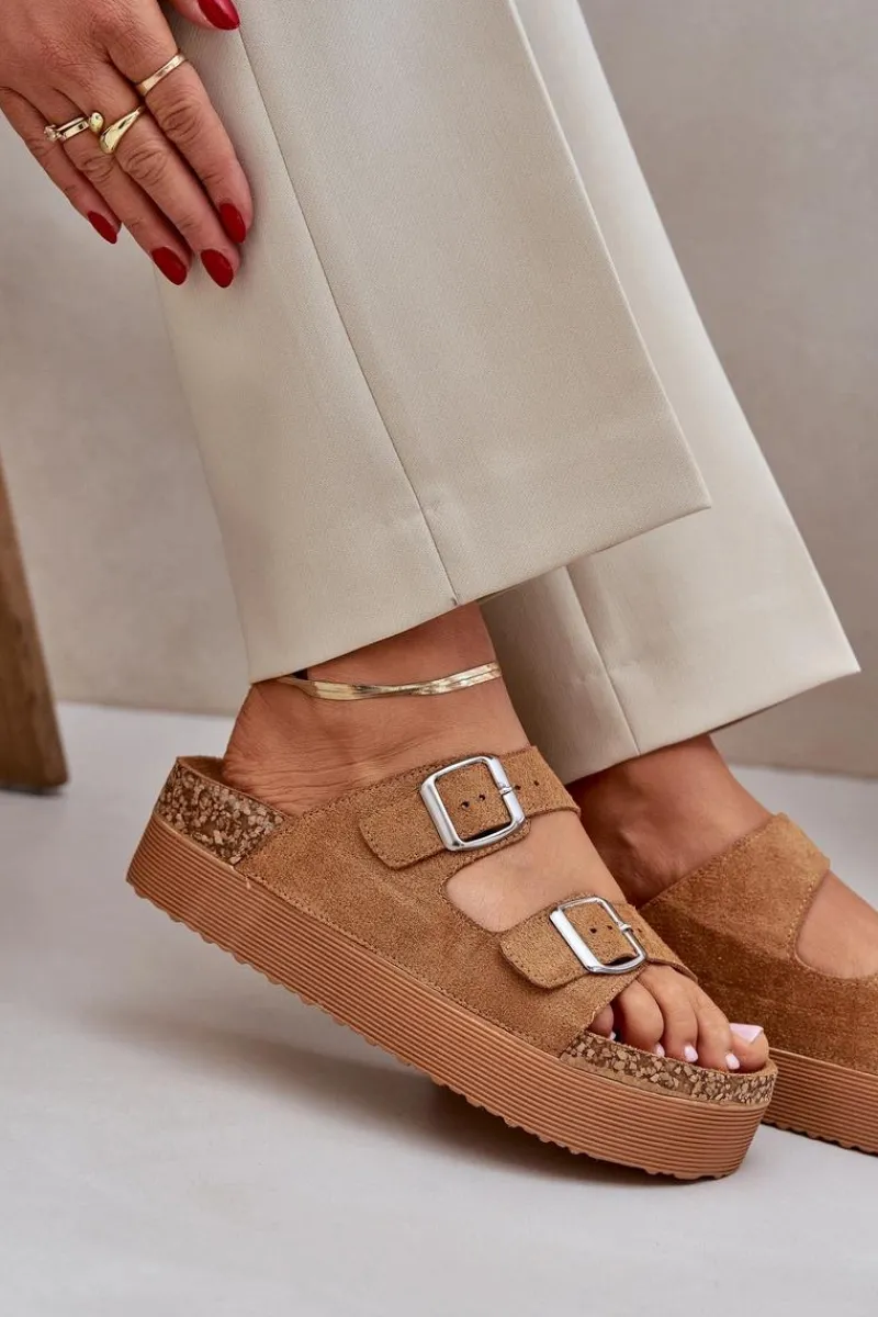 New Boto Klapki Damskie Na Masywnej Platformie Z Klamrami Camel Aramia Brązowy