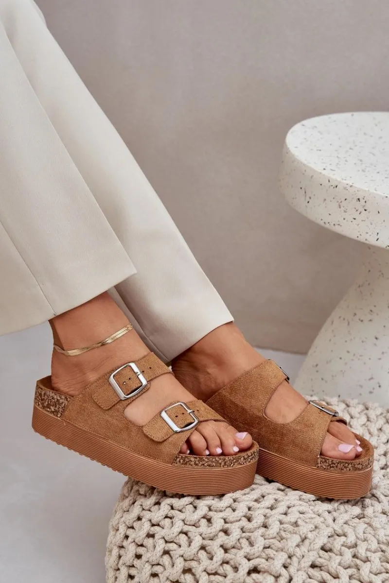 New Boto Klapki Damskie Na Masywnej Platformie Z Klamrami Camel Aramia Brązowy