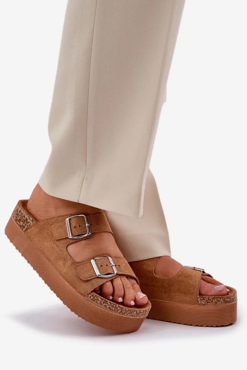 New Boto Klapki Damskie Na Masywnej Platformie Z Klamrami Camel Aramia Brązowy