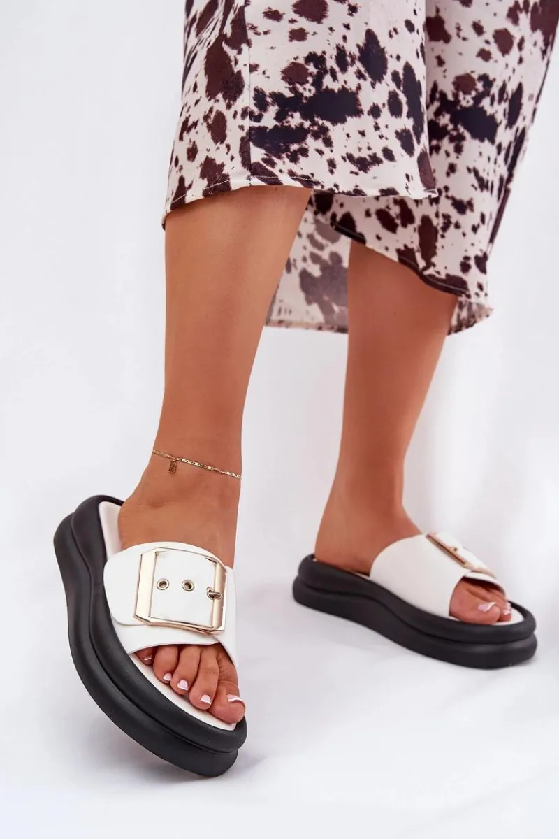 Klapki Na Platformie|Klapki Damskie Klasyczne>Boto Klapki Damskie Na Masywnej Platformie Z Ozdobną Klamrą Białe Zelori Biały