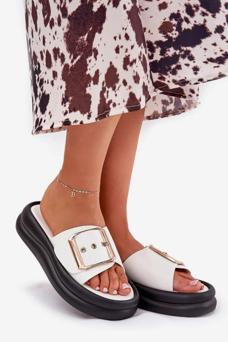 Klapki Na Platformie|Klapki Damskie Klasyczne>Boto Klapki Damskie Na Masywnej Platformie Z Ozdobną Klamrą Białe Zelori Biały