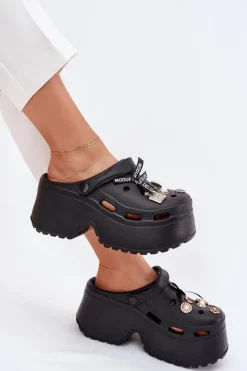 Discount Boto Klapki Damskie Na Masywnej Platformie Z Przypinkami Czarne Vivira