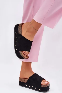 Hot Boto Klapki Damskie Na Masywnej Platformie Eko Zamszowe Czarne Vinnibe