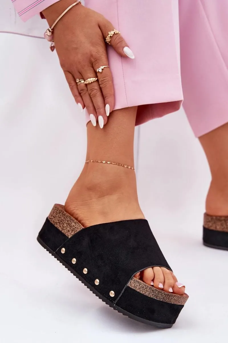 Hot Boto Klapki Damskie Na Masywnej Platformie Eko Zamszowe Czarne Vinnibe