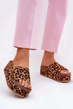 Best Klapki Damskie Na Masywnej Platformie Eko Zamszowe Panterka Brązowe Vinnibe Damskie Klapki Korkowe|Klapki Na Platformie