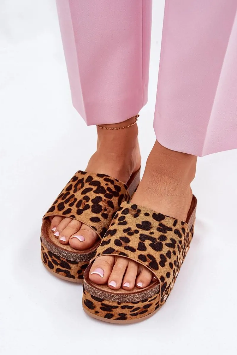 Best Klapki Damskie Na Masywnej Platformie Eko Zamszowe Panterka Brązowe Vinnibe Damskie Klapki Korkowe|Klapki Na Platformie