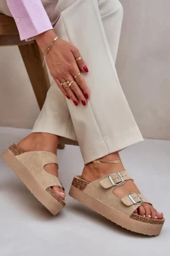 Klapki Korkowe|Klapki Na Platformie>Boto Klapki Damskie Na Masywnej Platformie Z Klamrami Beżowe Aramia