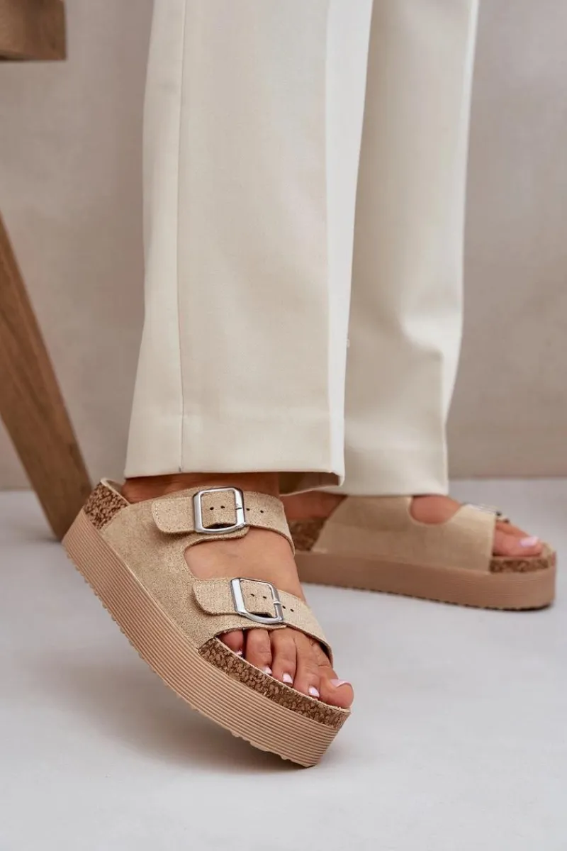 Klapki Korkowe|Klapki Na Platformie>Boto Klapki Damskie Na Masywnej Platformie Z Klamrami Beżowe Aramia