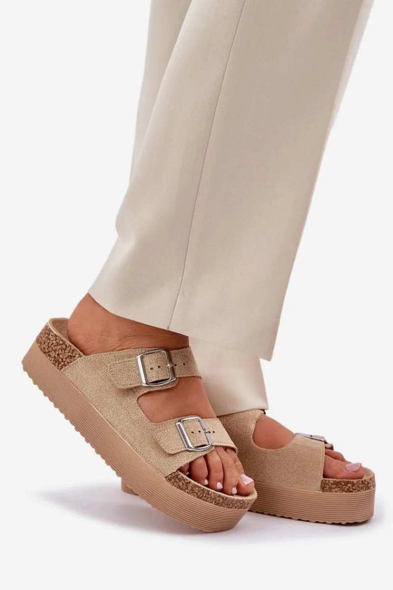 Klapki Korkowe|Klapki Na Platformie>Boto Klapki Damskie Na Masywnej Platformie Z Klamrami Beżowe Aramia