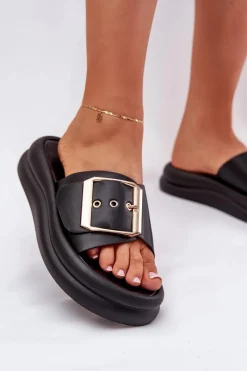 Best Boto Klapki Damskie Na Masywnej Platformie Z Ozdobną Klamrą Czarne Zelori