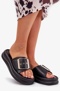 Best Boto Klapki Damskie Na Masywnej Platformie Z Ozdobną Klamrą Czarne Zelori