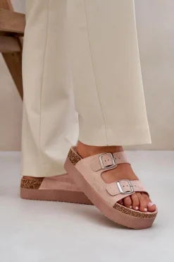 Klapki Korkowe|Klapki Na Platformie>Boto Klapki Damskie Na Masywnej Platformie Z Klamrami Różowe Aramia Różowy