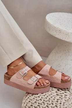 Klapki Korkowe|Klapki Na Platformie></noscript>Boto Klapki Damskie Na Masywnej Platformie Z Klamrami Różowe Aramia Różowy