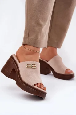 Online Klapki Damskie Na Masywnym Obcasie Ze Złotym Detalem Vinceza 17400 Beżowe Damskie Klapki Na Obcasie