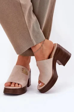 Online Klapki Damskie Na Masywnym Obcasie Ze Złotym Detalem Vinceza 17400 Beżowe Damskie Klapki Na Obcasie