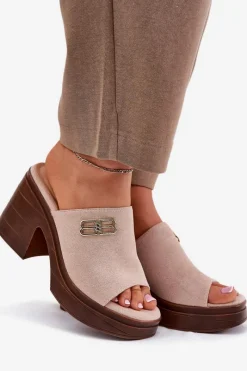 Online Klapki Damskie Na Masywnym Obcasie Ze Złotym Detalem Vinceza 17400 Beżowe Damskie Klapki Na Obcasie