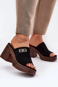 Klapki Na Obcasie>Buty damskie Vinceza Klapki Damskie Na Masywnym Obcasie Ze Złotym Detalem Vinceza 17400 Czarne Czarny