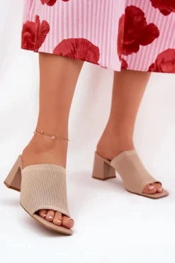 Online Boto Klapki Damskie Na Obcasie Typu Słupek Beżowe Wenilan Beżowy