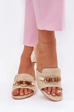 Clearance Boto Klapki Damskie Na Obcasie Z Ozdobą Beżowe Ovittole Beżowy