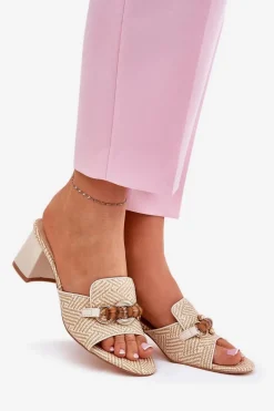 Clearance Boto Klapki Damskie Na Obcasie Z Ozdobą Beżowe Ovittole Beżowy