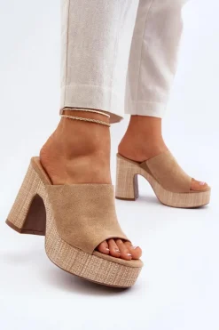 New Klapki Damskie Na Obcasie Słupku Brązowe Siobhan Damskie Klapki Na Obcasie|Klapki Damskie Klasyczne