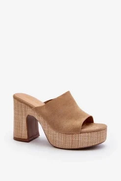 New Klapki Damskie Na Obcasie Słupku Brązowe Siobhan Damskie Klapki Na Obcasie|Klapki Damskie Klasyczne