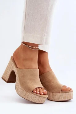 New Klapki Damskie Na Obcasie Słupku Brązowe Siobhan Damskie Klapki Na Obcasie|Klapki Damskie Klasyczne