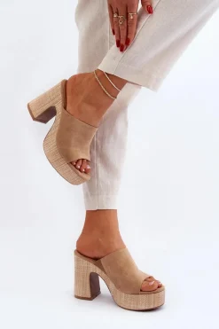 New Klapki Damskie Na Obcasie Słupku Brązowe Siobhan Damskie Klapki Na Obcasie|Klapki Damskie Klasyczne