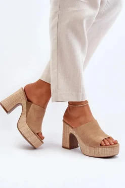 New Klapki Damskie Na Obcasie Słupku Brązowe Siobhan Damskie Klapki Na Obcasie|Klapki Damskie Klasyczne