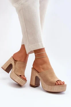 New Klapki Damskie Na Obcasie Słupku Brązowe Siobhan Damskie Klapki Na Obcasie|Klapki Damskie Klasyczne