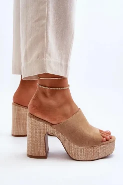 New Klapki Damskie Na Obcasie Słupku Brązowe Siobhan Damskie Klapki Na Obcasie|Klapki Damskie Klasyczne