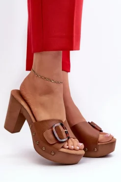 Online Evento Klapki Damskie Na Obcasie Słupku Z Klamrą Brązowe Betinna