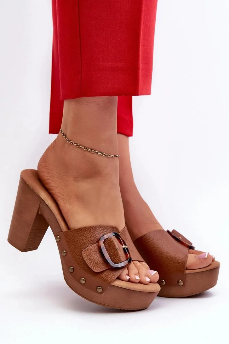 Online Evento Klapki Damskie Na Obcasie Słupku Z Klamrą Brązowe Betinna