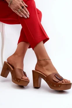 Online Evento Klapki Damskie Na Obcasie Słupku Z Klamrą Brązowe Betinna