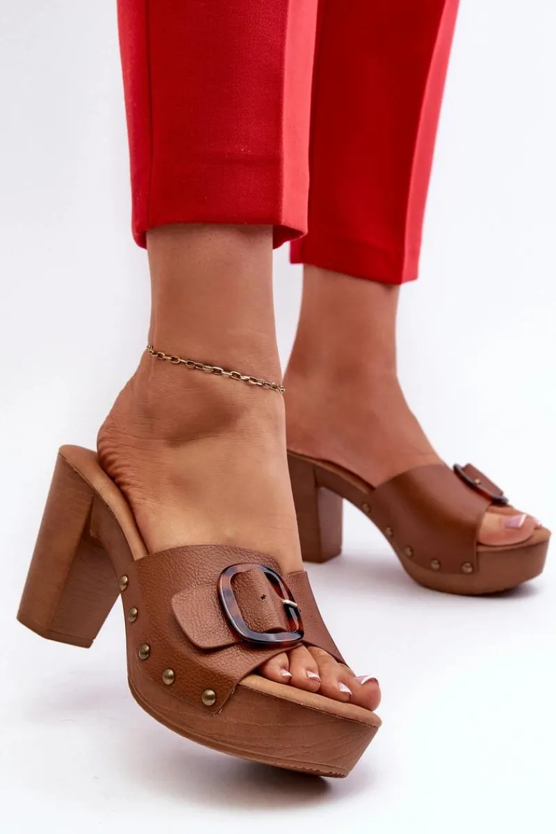 Online Evento Klapki Damskie Na Obcasie Słupku Z Klamrą Brązowe Betinna
