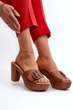 Online Evento Klapki Damskie Na Obcasie Słupku Z Klamrą Brązowe Betinna
