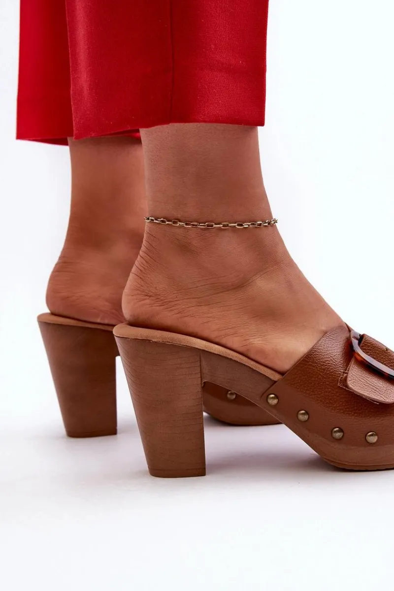 Online Evento Klapki Damskie Na Obcasie Słupku Z Klamrą Brązowe Betinna