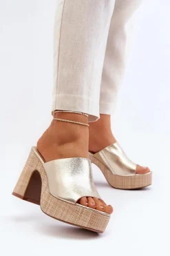 Klapki Na Obcasie|Klapki Damskie Klasyczne>Boto Klapki Damskie Na Obcasie Słupku Złote Siobhan