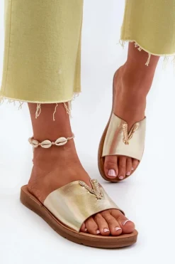 Klapki Damskie Klasyczne>Boto Klapki Damskie Na Płaskiej Podeszwie Z Ozdobą Eko Skórzane Złote Makia