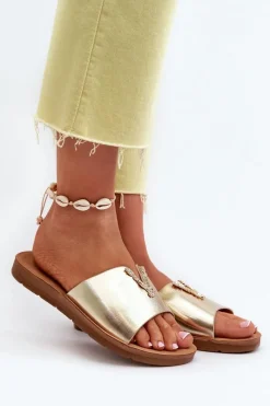 Klapki Damskie Klasyczne>Boto Klapki Damskie Na Płaskiej Podeszwie Z Ozdobą Eko Skórzane Złote Makia