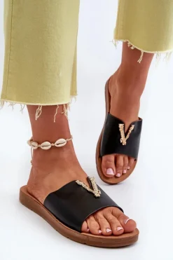 Outlet Klapki Damskie Na Płaskiej Podeszwie Z Ozdobą Eko Skórzane Czarne Makia Damskie Klapki Damskie Klasyczne