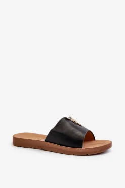 Outlet Klapki Damskie Na Płaskiej Podeszwie Z Ozdobą Eko Skórzane Czarne Makia Damskie Klapki Damskie Klasyczne