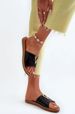 Outlet Klapki Damskie Na Płaskiej Podeszwie Z Ozdobą Eko Skórzane Czarne Makia Damskie Klapki Damskie Klasyczne