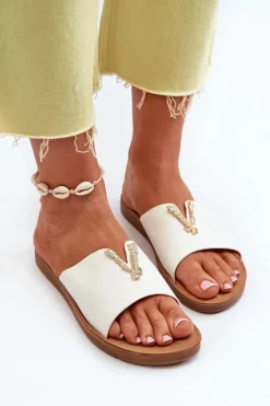 Discount Boto Klapki Damskie Na Płaskiej Podeszwie Z Ozdobą Eko Skórzane Białe Makia